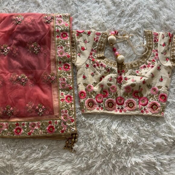 Elegant Cream and Pink Embroidered Lehenga - Picture 6 of 7